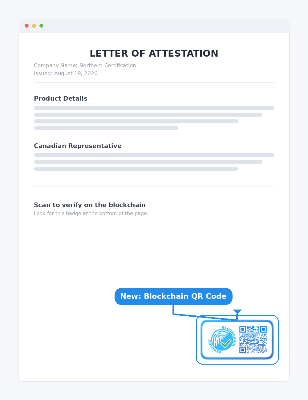 A Letter of Attestation with a blockchain-verification QR code on its front page
